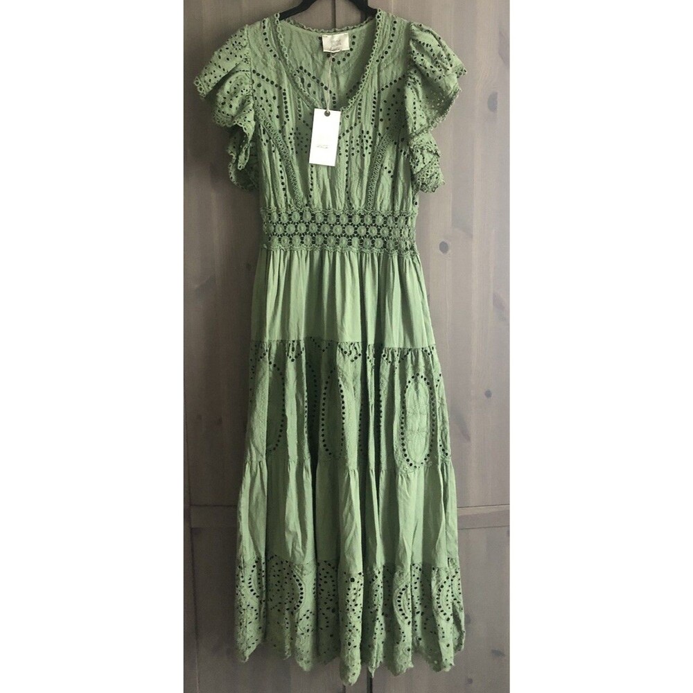 Summer Sage Green Eyelet Embroidered Midi Dress~NWT ~Made In Italy~